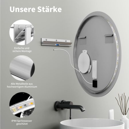 Miroir salle de bain LED rond 90cm anti buée avec cadre doré LB-4647GA