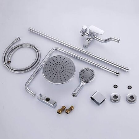 Set de douche – Mitigeur eau chaude et froide – Bec et pommeau rond 20 cm – Argent
