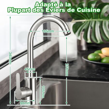 Robinet Cuisine en Acier Inox avec Bec Pivotant à 360°